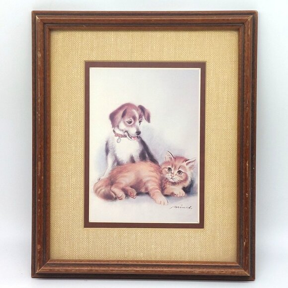 Vintage Framed Print Of Puppy & Kitten By Artist Marinich With Rustic Wooden Fra - Picture 1 of 4